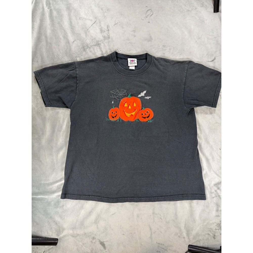 Vintage 90s Halloween Appliqué Embroidered Pumpkins Black Tshirt Bats Spider Med